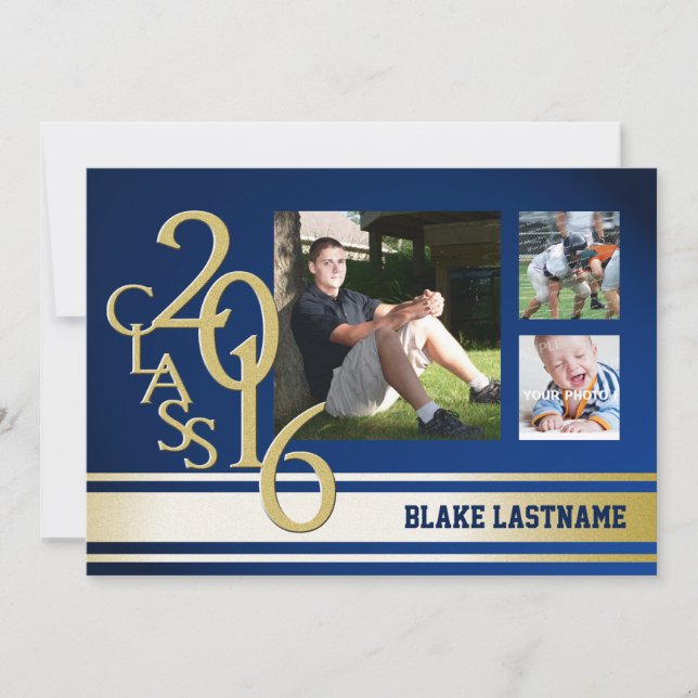 2016 Guld Varsity Rand Student Tri Photo Blue Inbjudningar (Framsida)