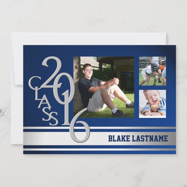 2016 Silver Varsity Rand Student Tri Photo Blue Inbjudningar (Framsida)