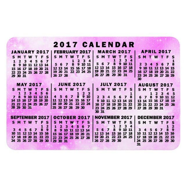 2017 års månadskalender - Rosa - vattenfärgsstjärn Magnet (Horisontell)