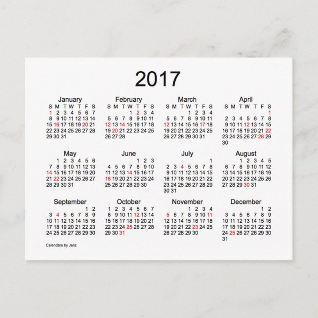 2017 års Mini-kalender från Janz med Helgdagar Vykort (Framsida)