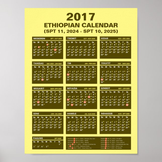 2017 Etiopisk kalender för år 2024 och 2025  Poster (Framsidan)