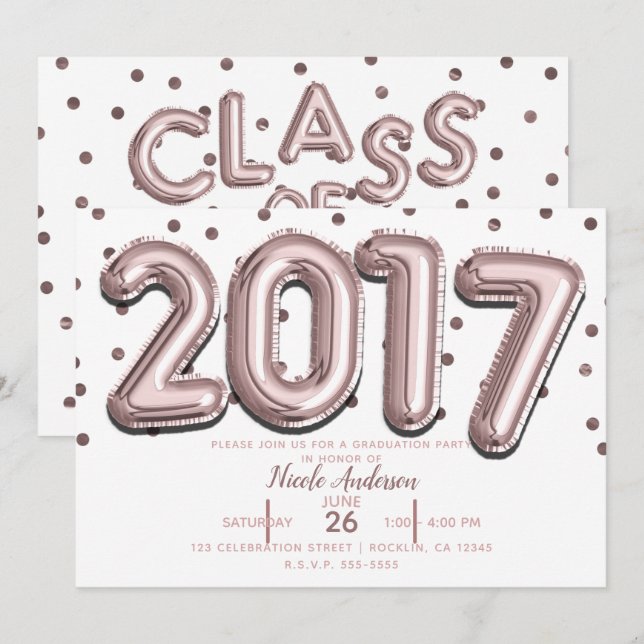 2017 EXAMENSFIRANDE FEST Rose Guld Konfettiballong Inbjudningar (Fram/baksida)