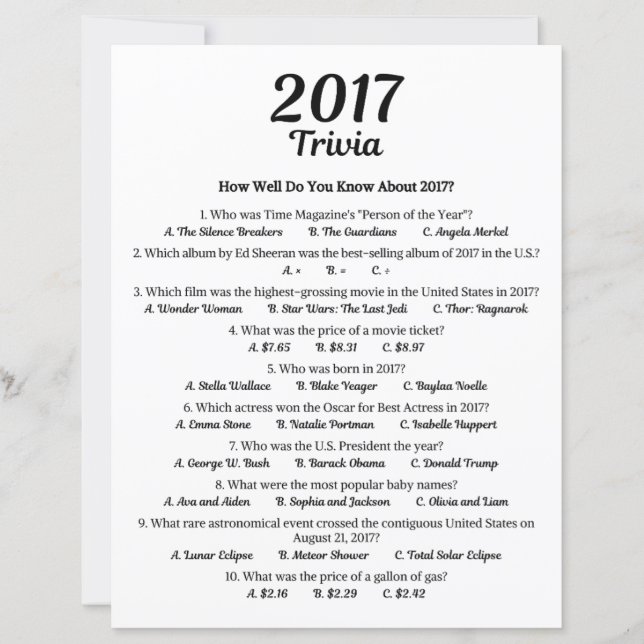 2017 Trivia Spel | 9-års födelsedagsfest spel (Framsida)