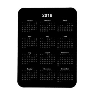 2018 års kalender - vit text med svart bakgrund magnet