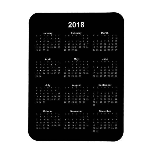 2018 års kalender - vit text med svart bakgrund magnet (Vertikal)
