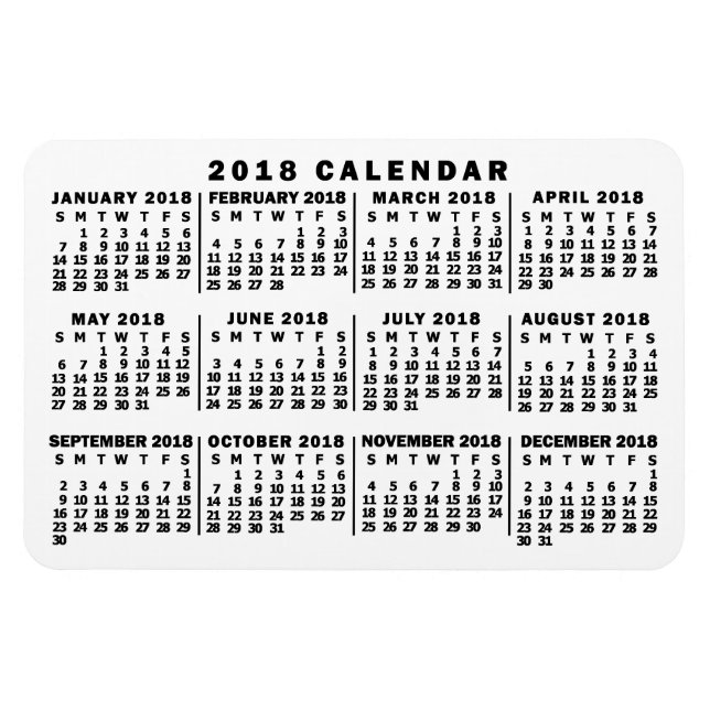 2018 års månadskalender Klassiskt vitt och svart Magnet (Horisontell)