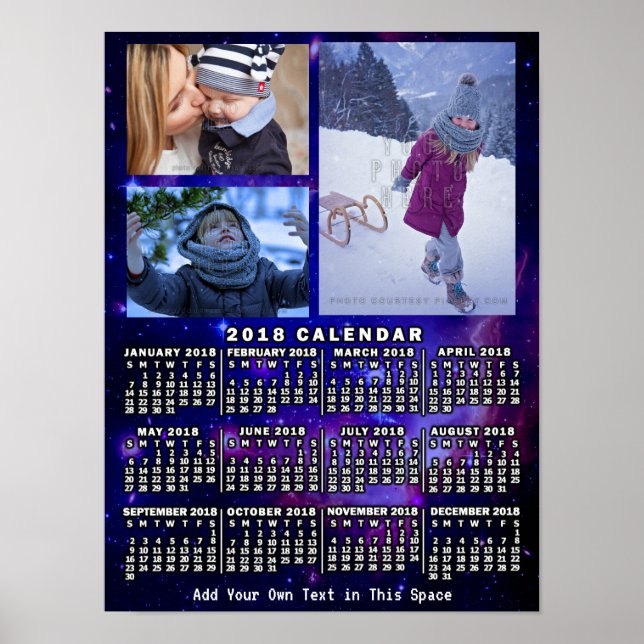 2018 Års Månadskalender Rymdnebulosa 3 Bilder Poster (Framsidan)