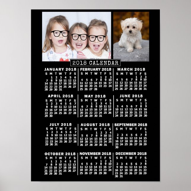 2018 Års Månadskalender Svart | Egna foton Poster (Framsidan)