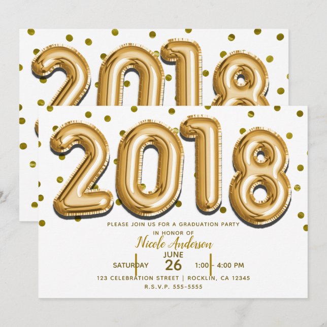 2018 EXAMENSFEST Gold Confetti Ballonger Inbjudningar (Fram/baksida)