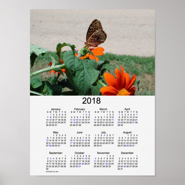 2018 Fjärils kalender för ledighet av Janz Affisch (Framsidan)