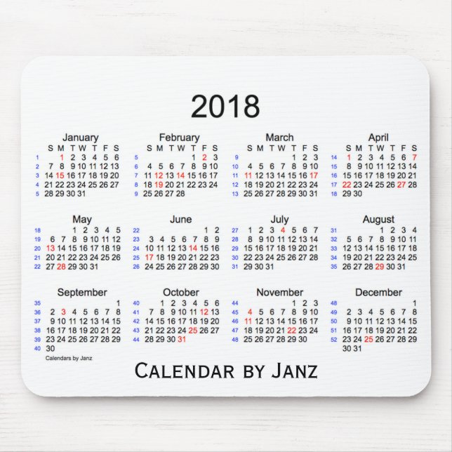 2018 helgdag 52 veckor vitkalender vid Janz Musmatta (Framsidan)