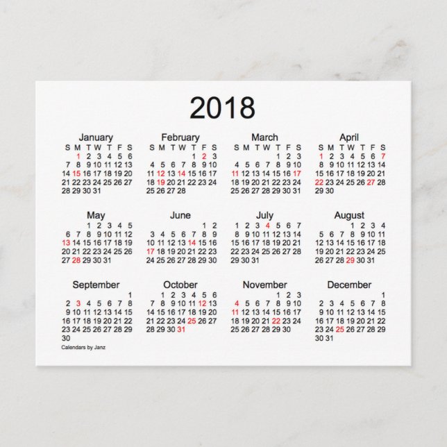 2018 Helgdag Mini Calendar av Janz Vykort (Framsida)