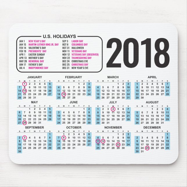 2018 kalender Mousepad med U.S.-helgdagar Musmatta (Framsidan)