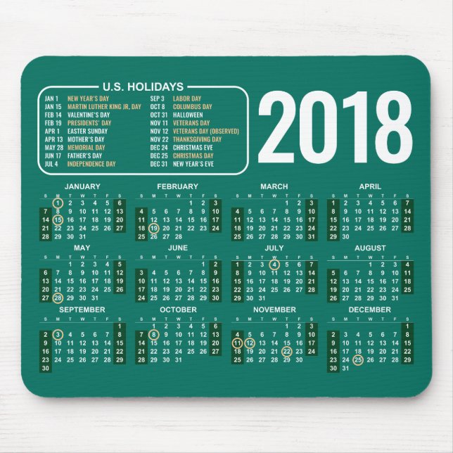 2018 kalender Mousepad med US-helgdagar i grönt Musmatta (Framsidan)