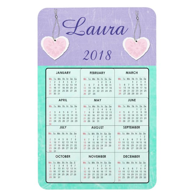 2018 Lila och Teal Mini Calendar Namn Magnet (Vertikal)