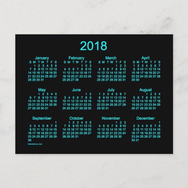 2018 Neonblå Mini Kalender av Janz Vykort (Framsida)