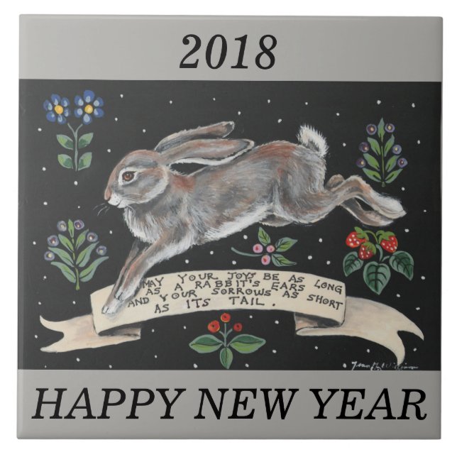 2018 Nyår Personlig Rabbit Hare Önskemål Tile Kakelplatta (Framsidan)
