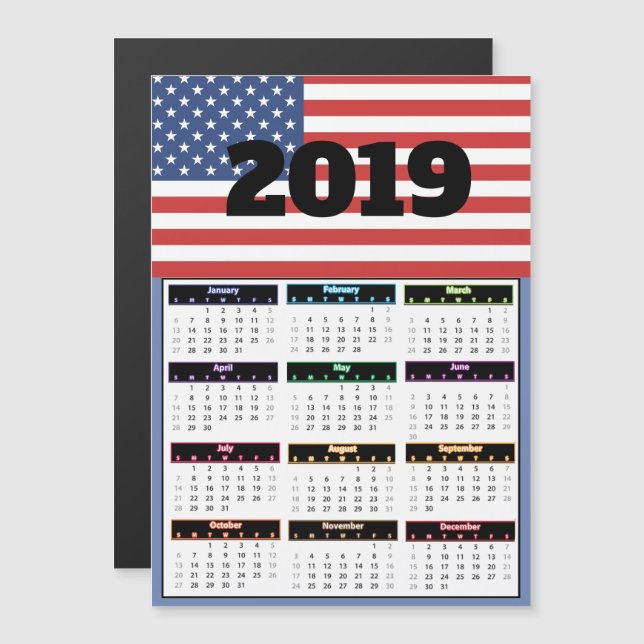2019 American Flagga Mini Calendar Magnetisk Inbjudningskort (Fram/baksida)