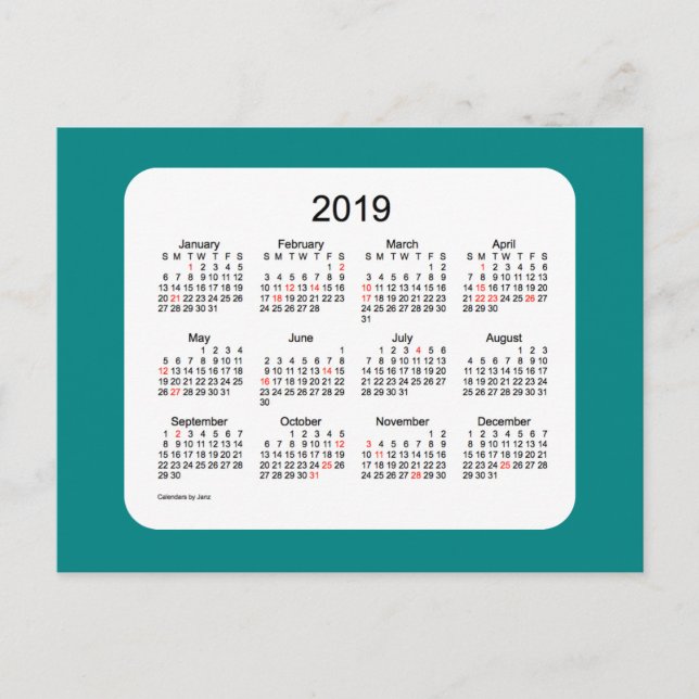 2019 års Helgdag av Janz Teal Postcard Helg Vykort (Framsida)