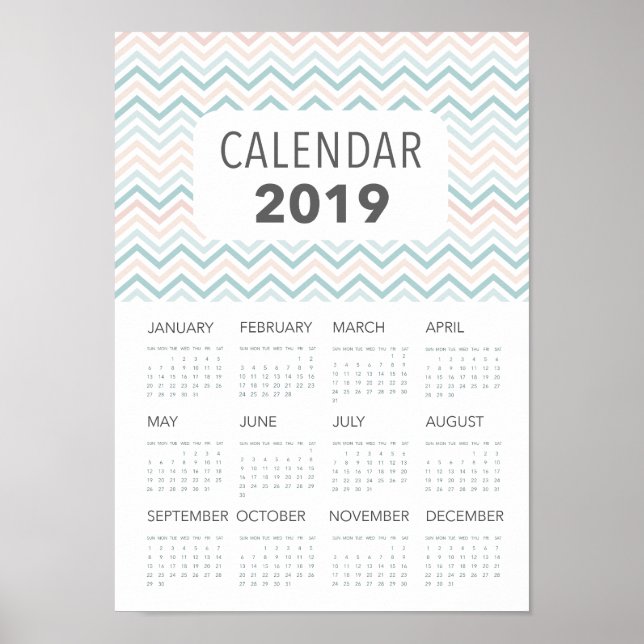 2019 års kalender för rosa och blått schevron poster (Framsidan)