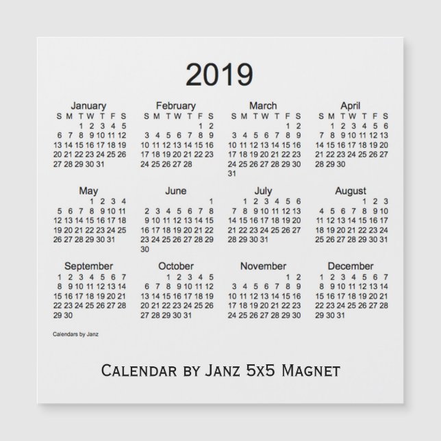 2019 års kalender för vit rök från Janz 5x5 Magnet (Framsida)
