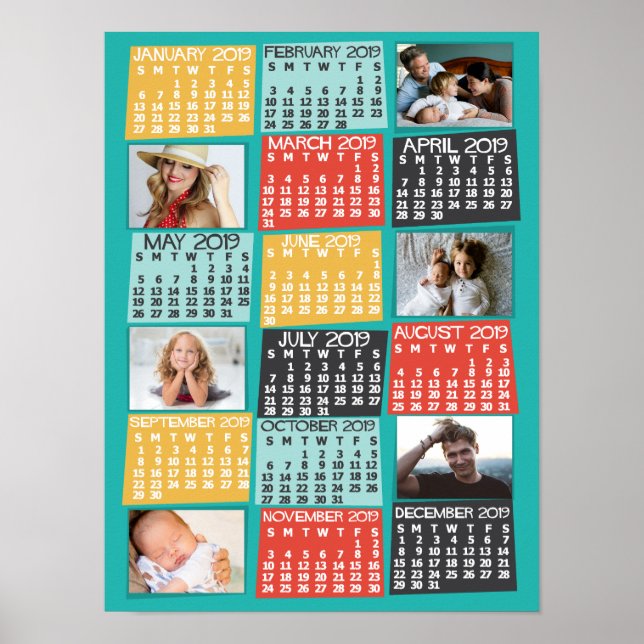 2019 Års Månadskalender Modern Fotokollage Poster (Framsidan)