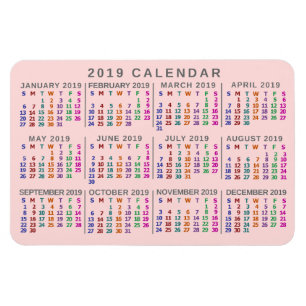 2019 års månadskalender Rosa färgstark Magnet