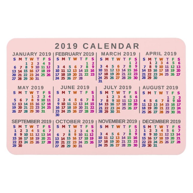 2019 års månadskalender  Rosa färgstark Magnet (Horisontell)