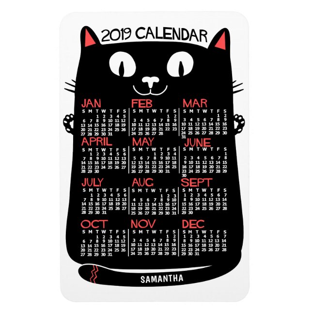 2019 års månadskalender svart katt i mitten av årh magnet (Vertikal)