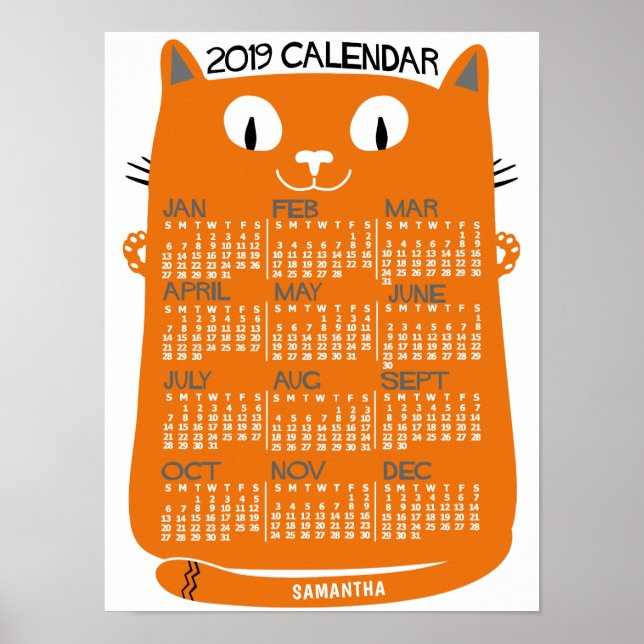 2019 års månatlig kalender Mid-Century Orange Kat Poster (Framsidan)
