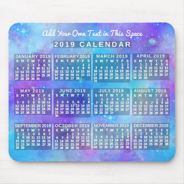 2019 års månatliga kalender - blå vattenfärgsstjär musmatta (Framsidan)