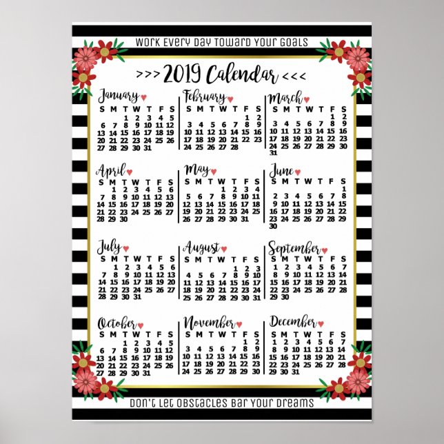 2019 Årskalender Blommiga Ränder | Anpassad text Poster (Framsidan)
