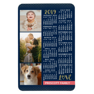 2019 Calendar Navy Coral Guld Family Photo Collage Magnet