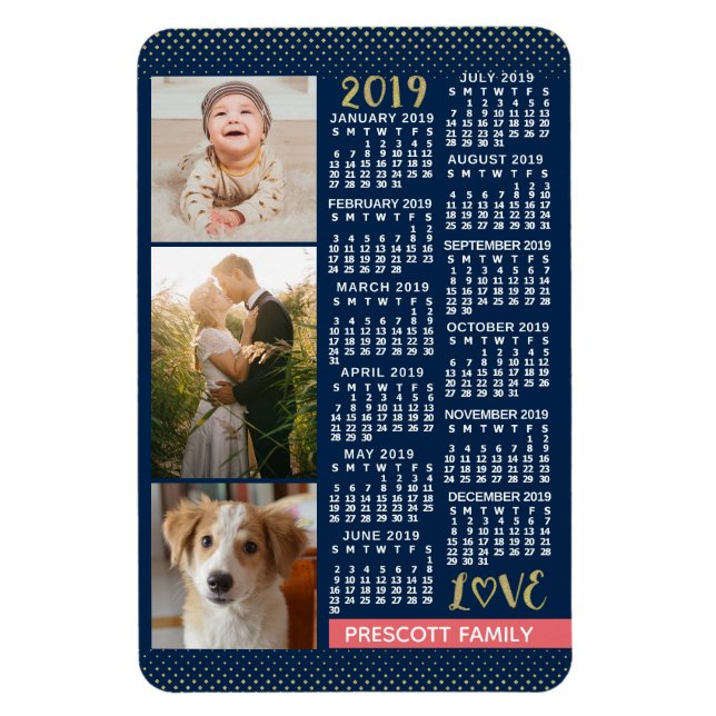 2019 Calendar Navy Coral Guld Family Photo Collage Magnet (Vertikal)