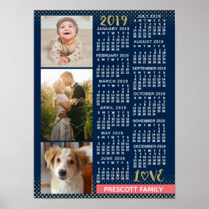 2019 Calendar Navy Coral Guld Family Photo Collage Poster