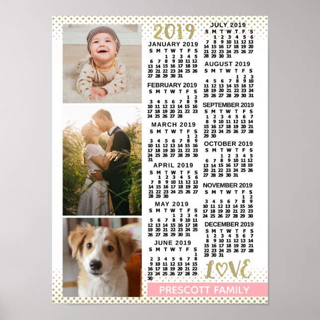 2019 Kalender  Rosa Guld Family Photo Collage Poster (Framsidan)
