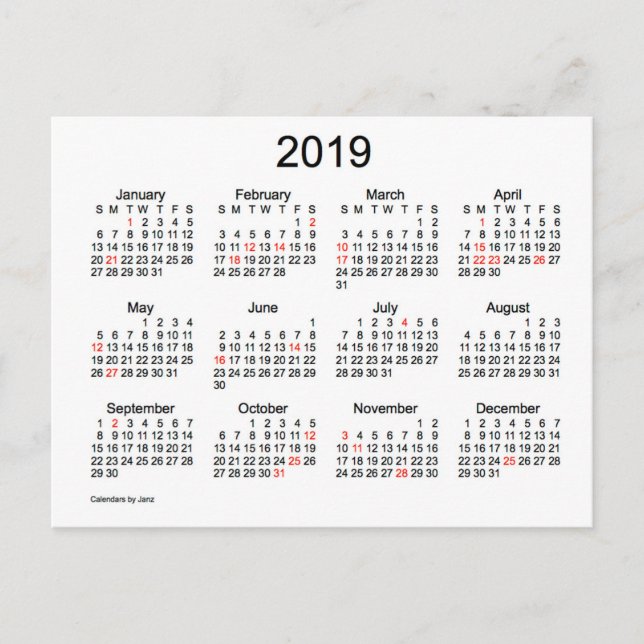 2019 Mini-kalender med helgdagar Helg Vykort (Framsida)