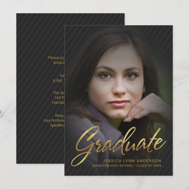 2019 Studenten Faux Gold Foil Text Foto Overlay Inbjudningar (Fram/baksida)