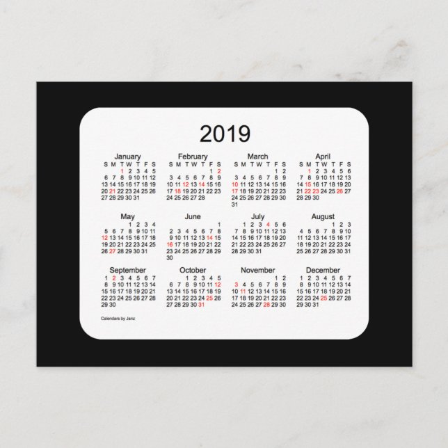 2019 Svart Mini Högtids Kalender av Janz Helg Vykort (Framsida)