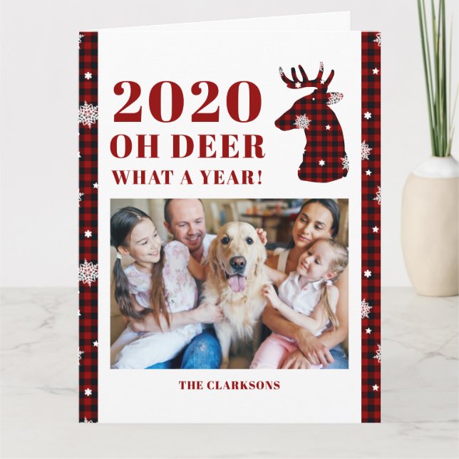 2020 Åh Hjort Buffalo Plaid Snowflake Photo Kort (Framsida)