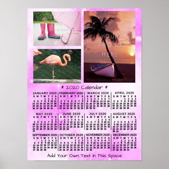 2020 Årlig Månadskalender Rosa Akvarell 3 Foto Poster (Framsidan)