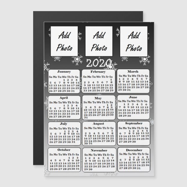 2020 års fotokalender för svart och vitt Snöflingo Magnetisk Inbjudningskort (Fram/baksida)
