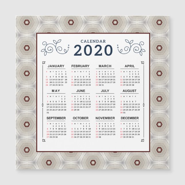2020 års kalender Red White Mönster Magnet (Framsida)