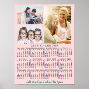 2020 Års Månadskalender Färgglad Anpassad 3 Foto Poster