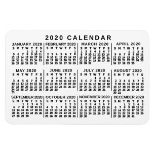 2020 års månadskalender Klassiskt vitt och svart Magnet
