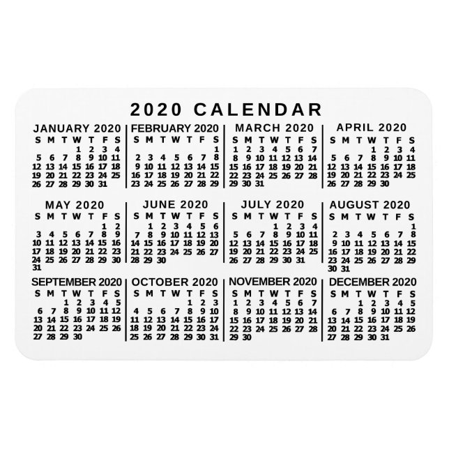 2020 års månadskalender Klassiskt vitt och svart Magnet (Horisontell)