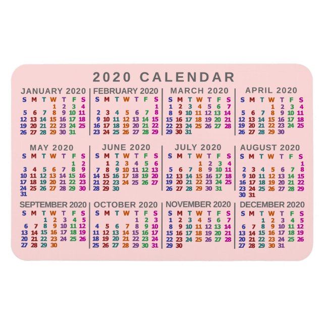 2020 års månadskalender  Rosa färgstark Magnet (Horisontell)