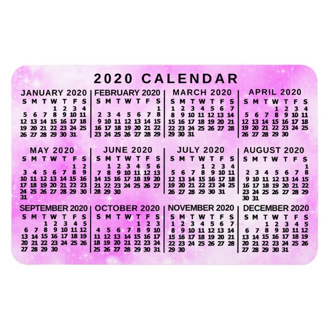 2020 års månadskalender - Rosa - vattenfärgsstjärn Magnet (Horisontell)