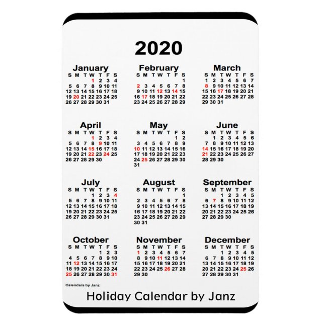 2020 Black Helgdag Calendar av Janz Magnet (Vertikal)