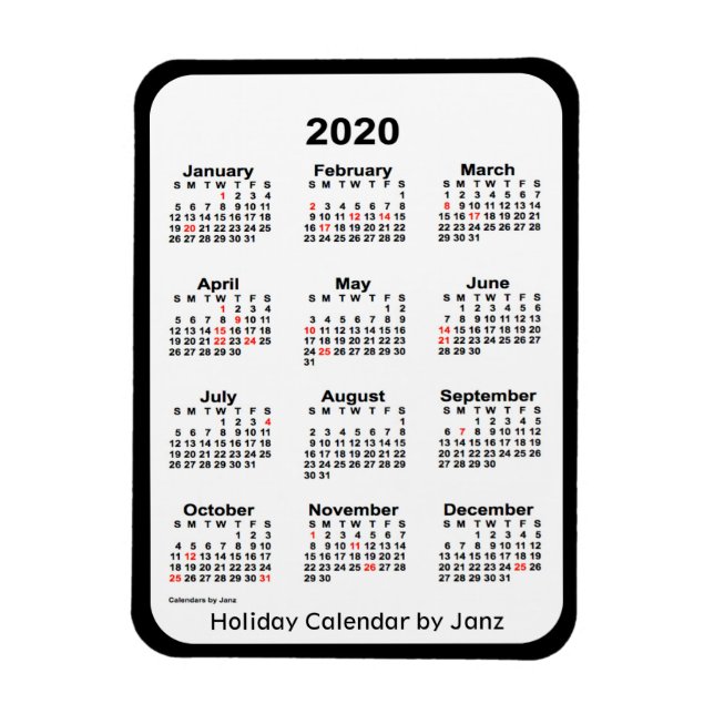 2020 Black Helgdag Calendar av Janz Magnet (Vertikal)